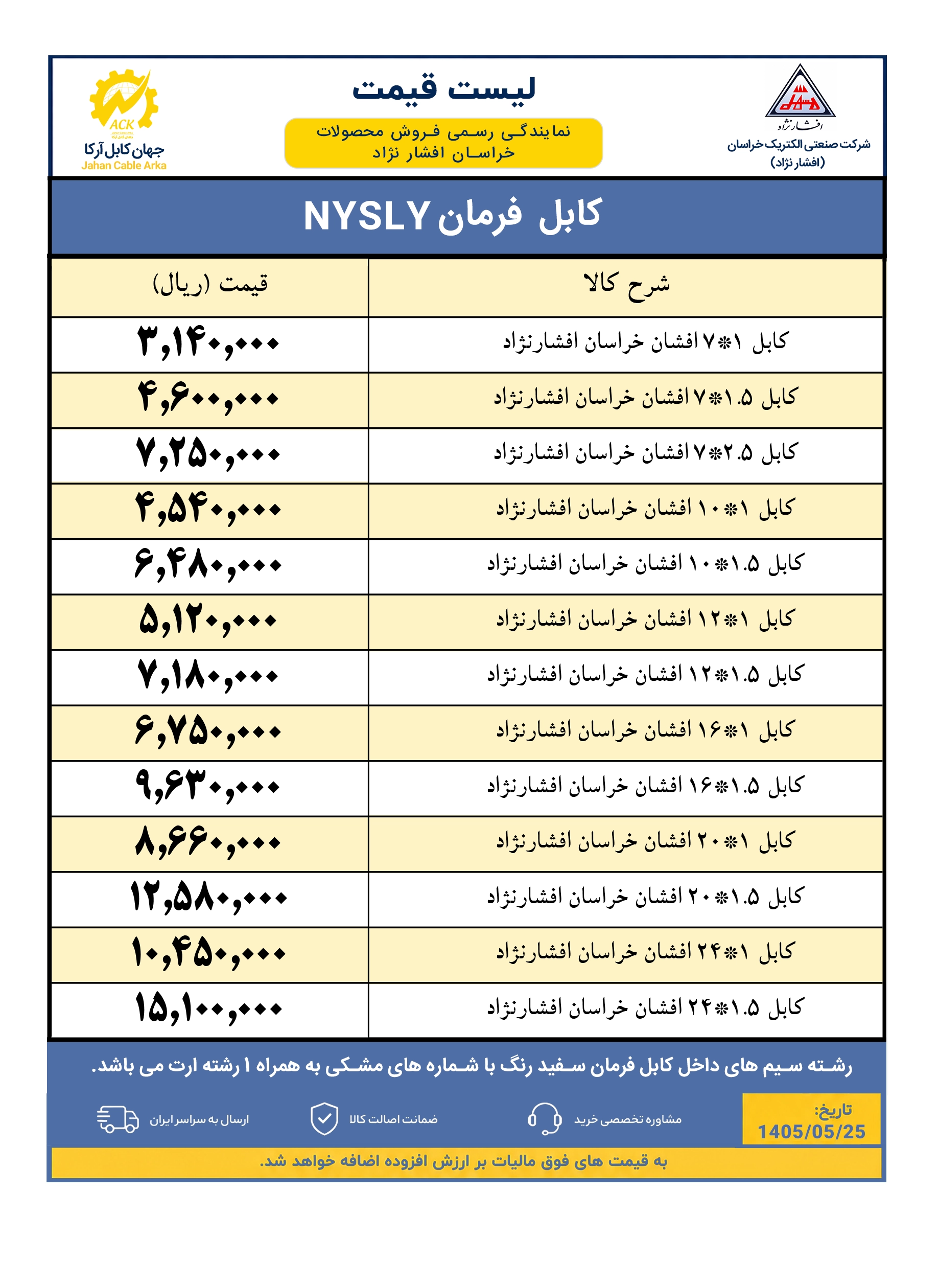 لیست قیمت کابل فرمان خراسان افشار نژاد