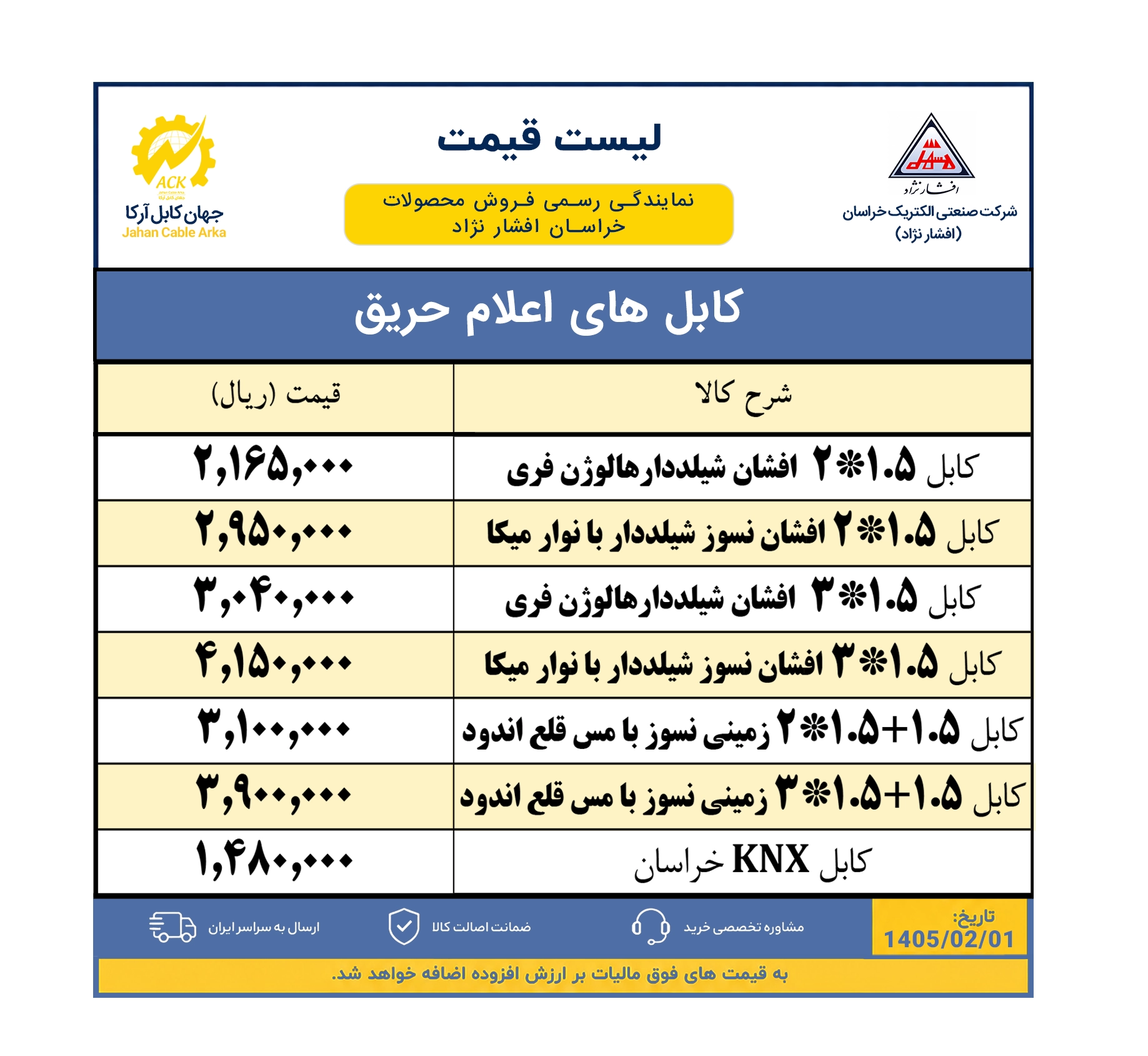 لیست قیمت کابل اعلام حریق خراسان افشار نژاد