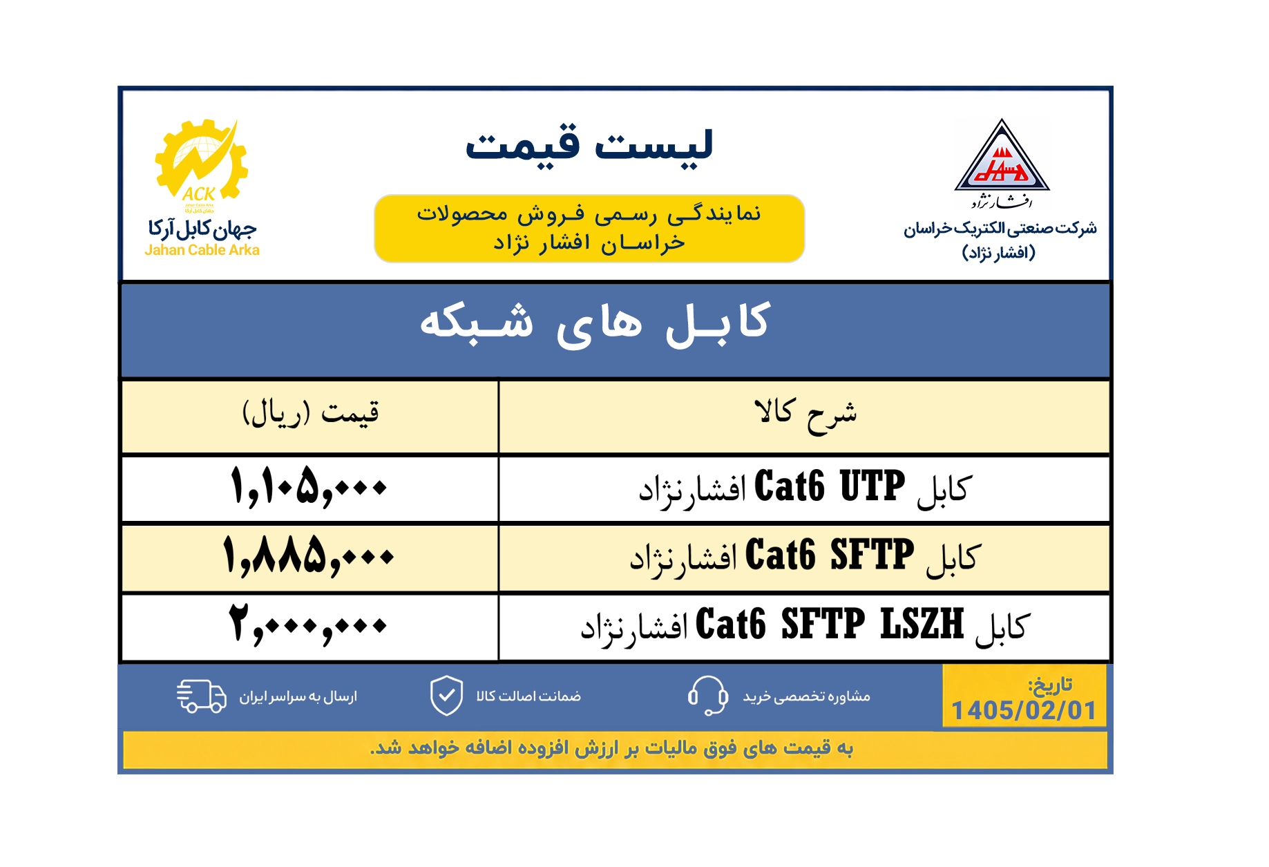لیست قیمت کابل شبکه خراسان افشار نژاد